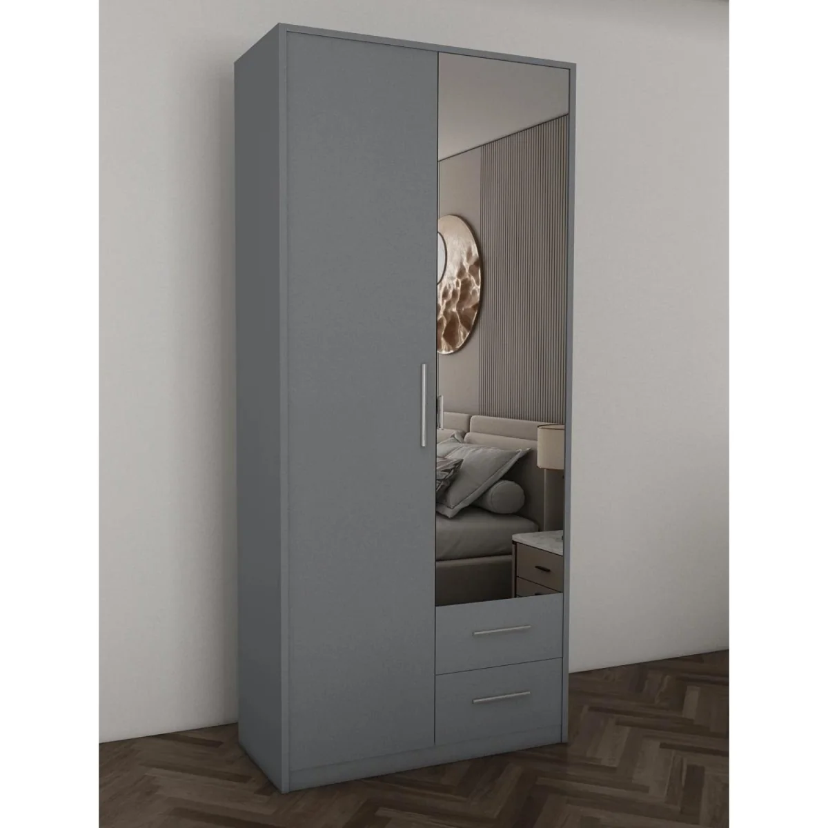 Swindon Medium Grey 2 Door 90cm Wardrobe with Mirror and 2 Drawers - Grey – image 2