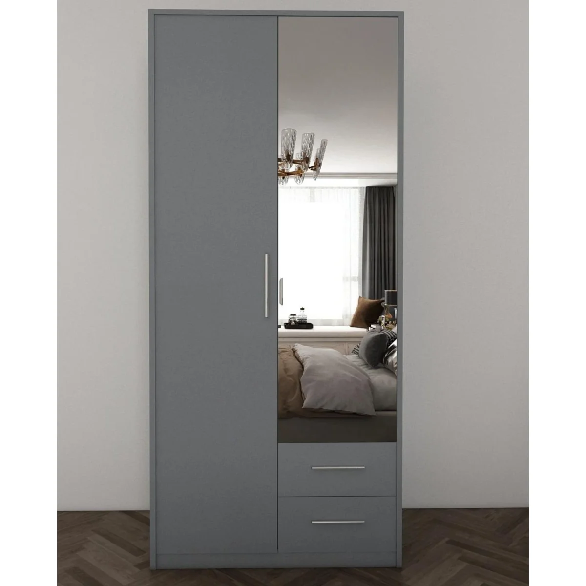 Swindon Medium Grey 2 Door 90cm Wardrobe with Mirror and 2 Drawers - Grey – image 3