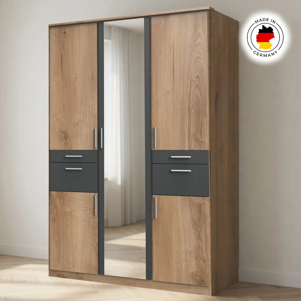 Koblenz Planked Oak and Graphite 3 Door 135cm Wardrobe with Mirror - Oak – image 3