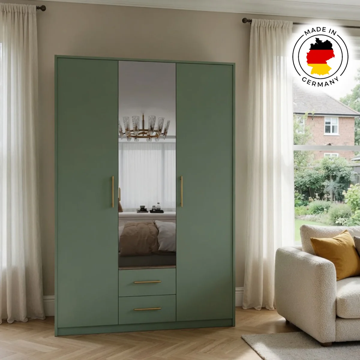 Swindon Dark Green 3 Door 135cm Wardrobe with Mirror and 2 Drawers - Green – image 2