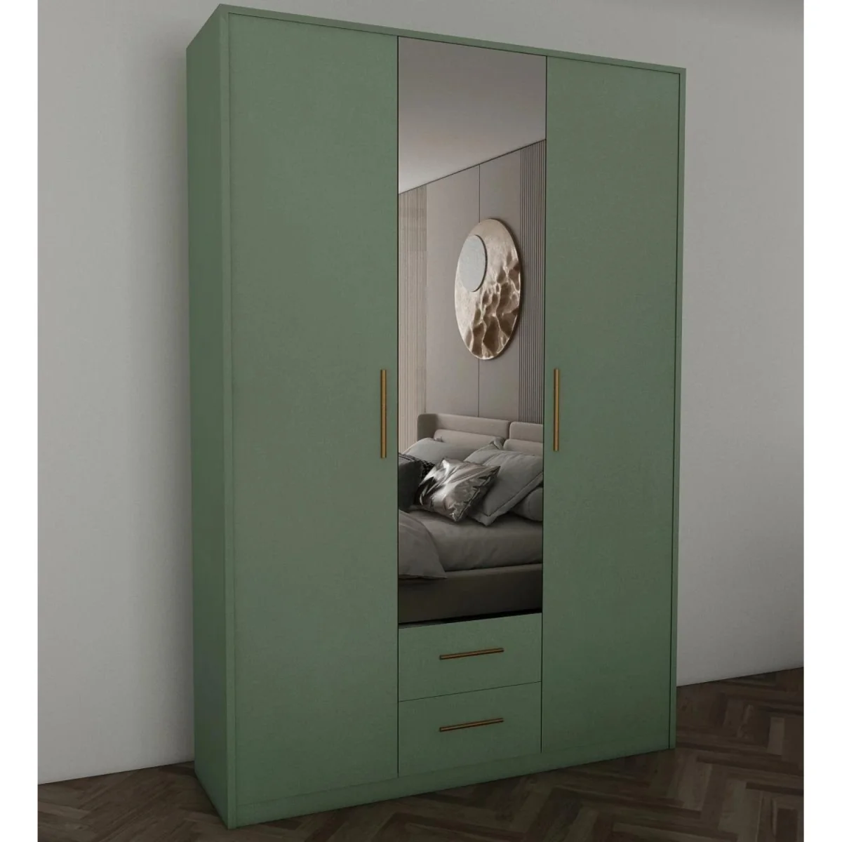 Swindon Dark Green 3 Door 135cm Wardrobe with Mirror and 2 Drawers - Green – image 3