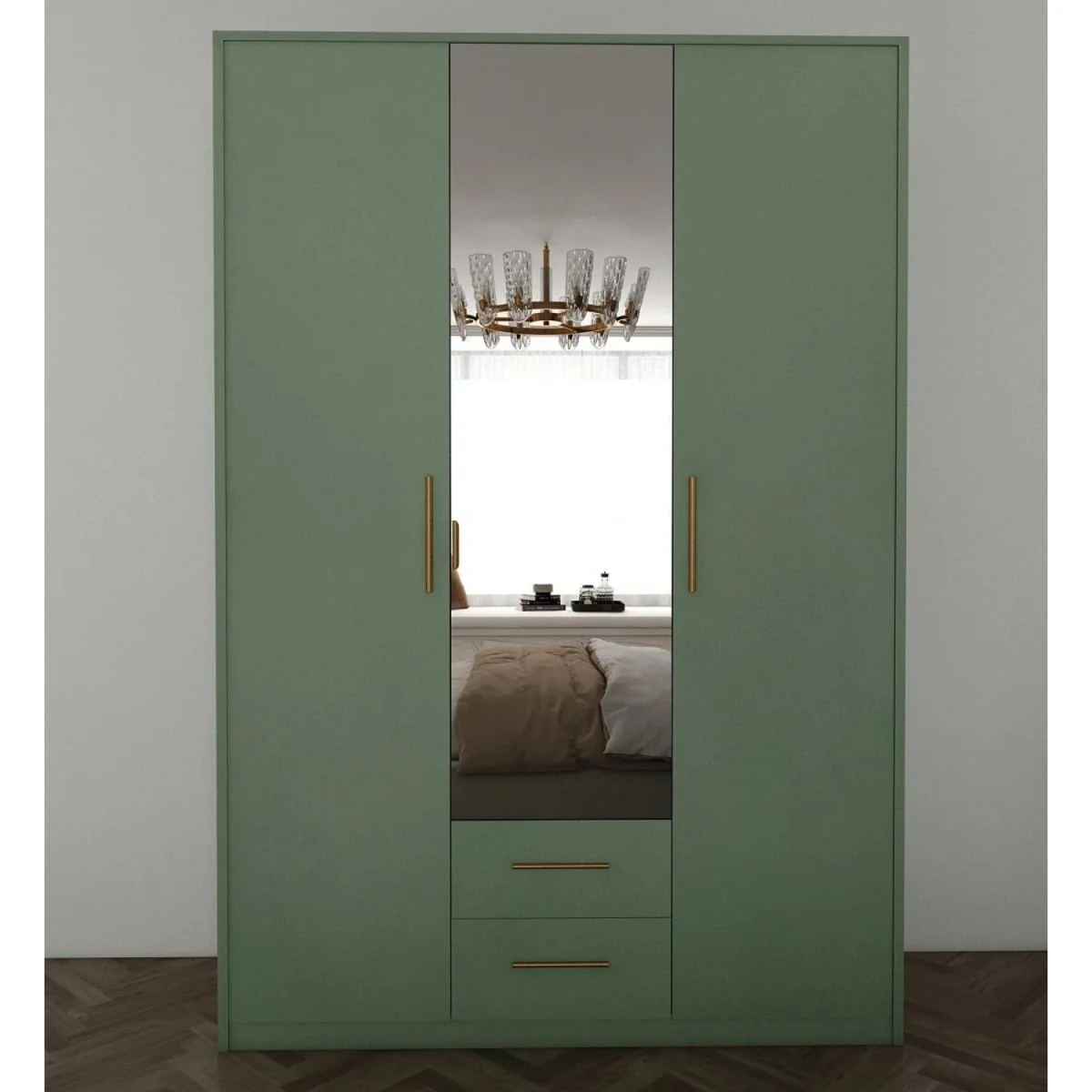 Swindon Dark Green 3 Door 135cm Wardrobe with Mirror and 2 Drawers - Green – image 4