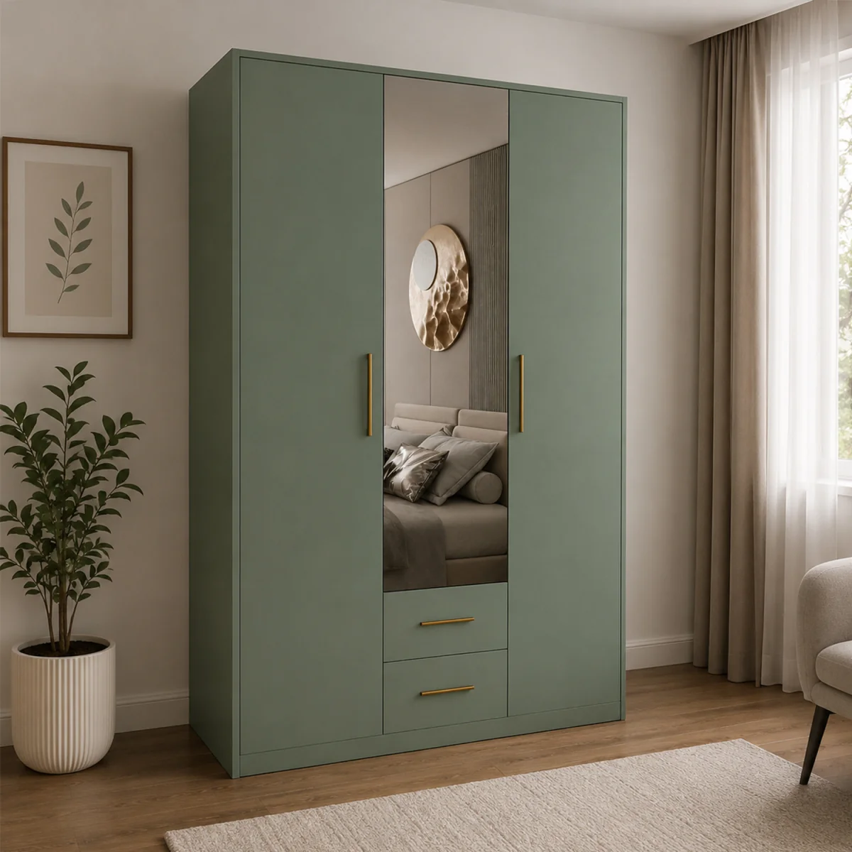 Swindon Dark Green 3 Door 135cm Wardrobe with Mirror and 2 Drawers - Green – image 1