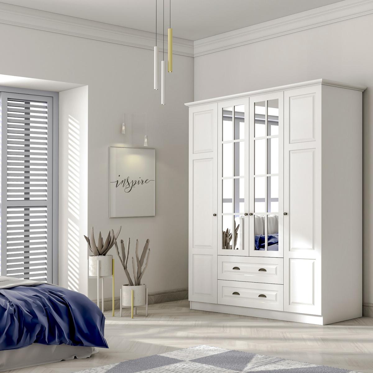 HEDLEY 4 Door 2 Drawer Mirorred Wardrobe, White - White – image 3