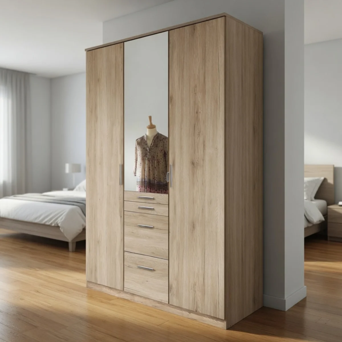 Aachen Sam Remo Oak 3 Door 135cm Wardrobe with Mirror - Oak – image 2
