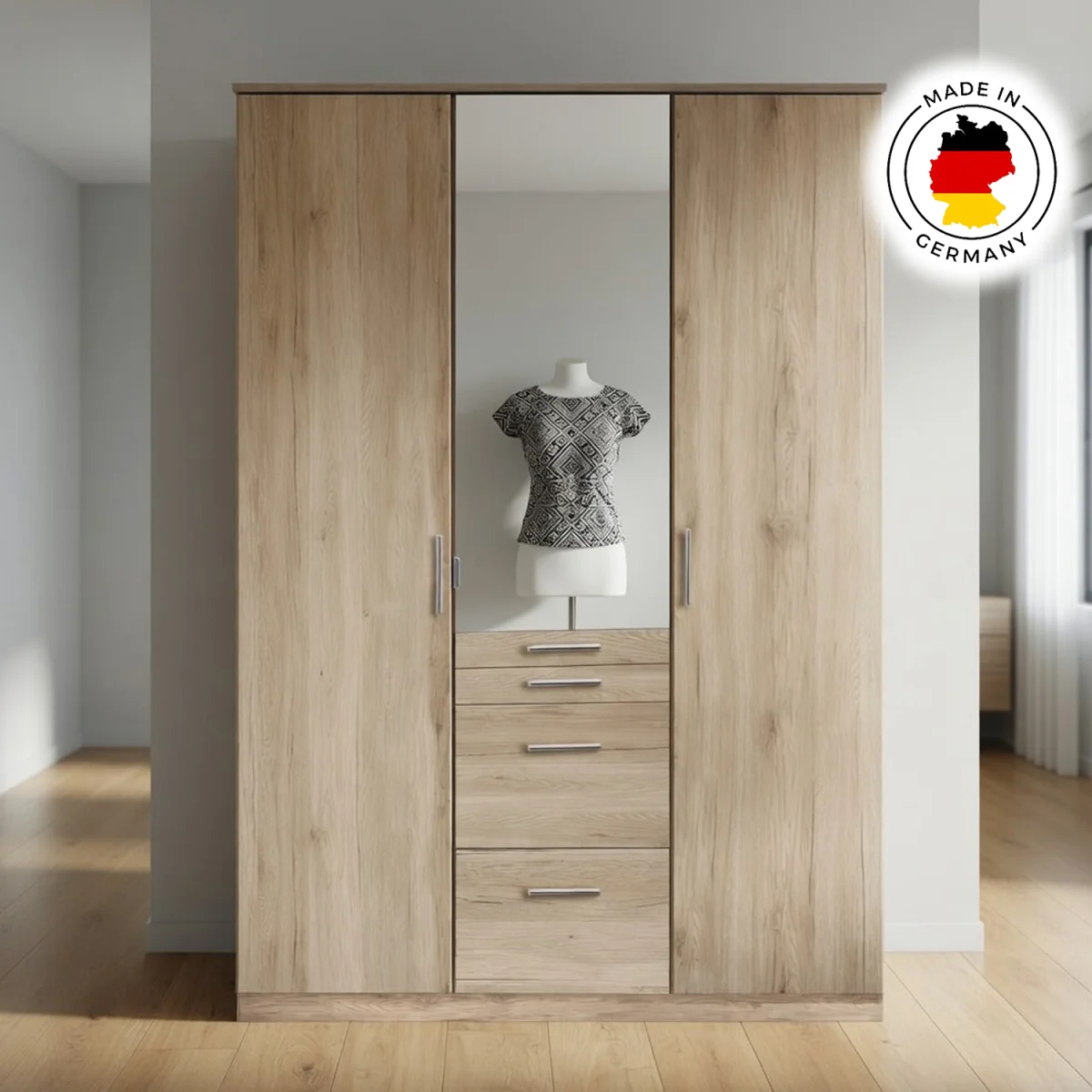 Aachen Sam Remo Oak 3 Door 135cm Wardrobe with Mirror - Oak – image 4
