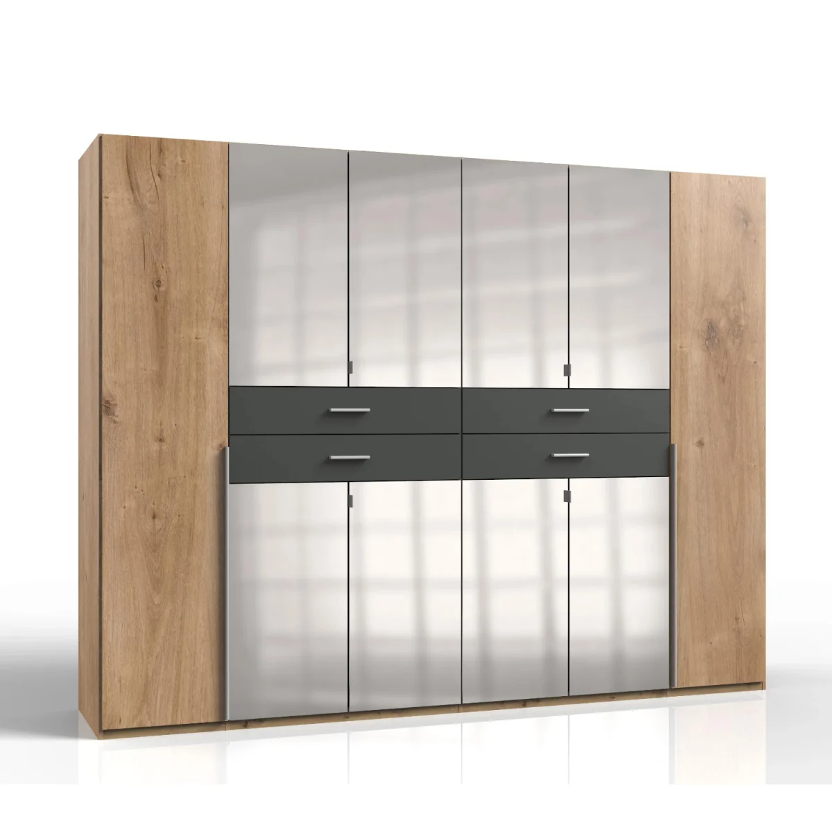 Denver Planked Oak and Graphite 6 Door Wardrobe with Mirror and 4 Drawers - Oak – image 2