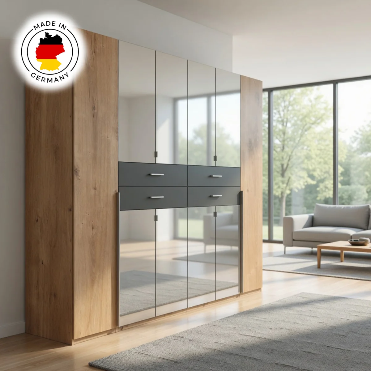 Denver Planked Oak and Graphite 6 Door Wardrobe with Mirror and 4 Drawers - Oak – image 3