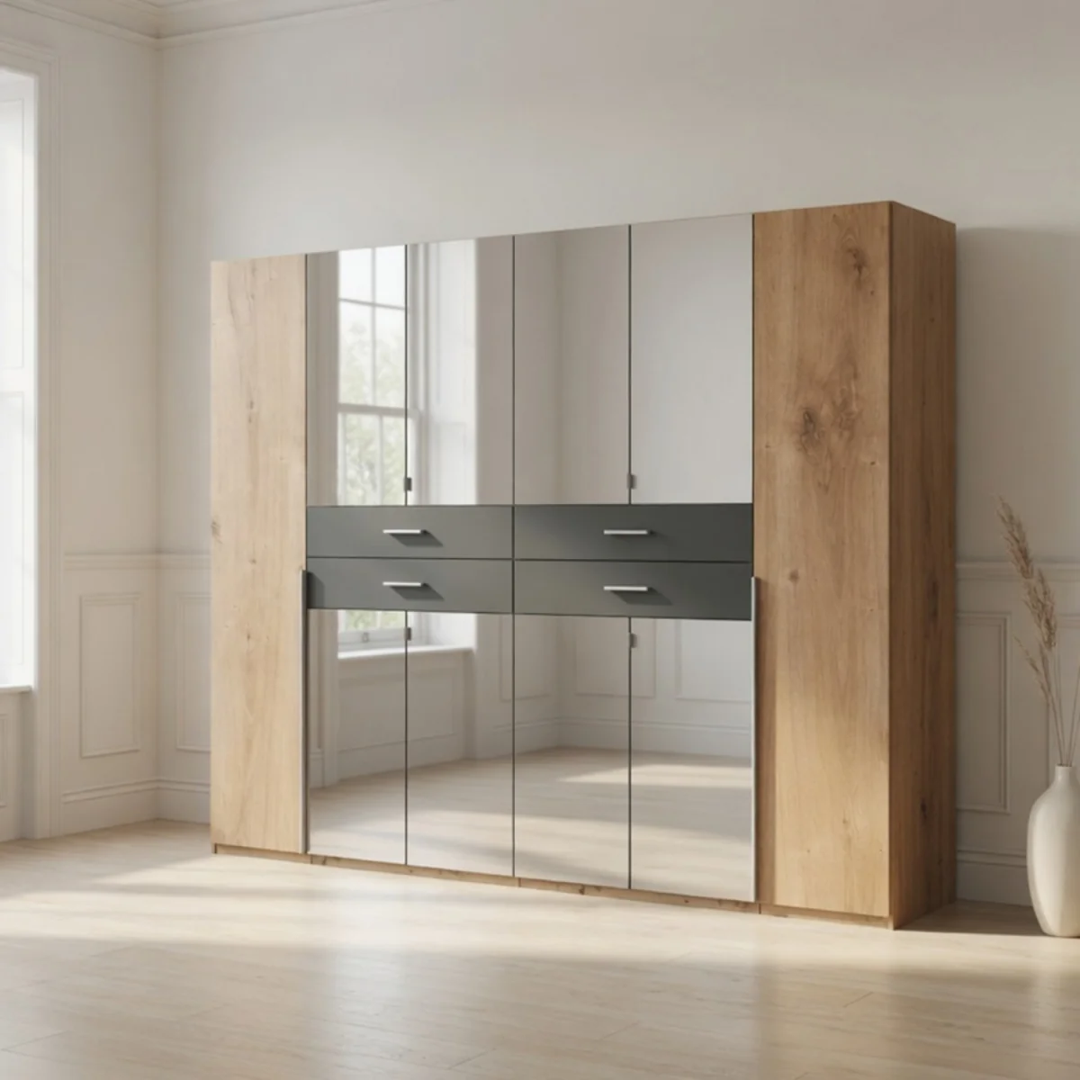Denver Planked Oak and Graphite 6 Door Wardrobe with Mirror and 4 Drawers - Oak – image 1
