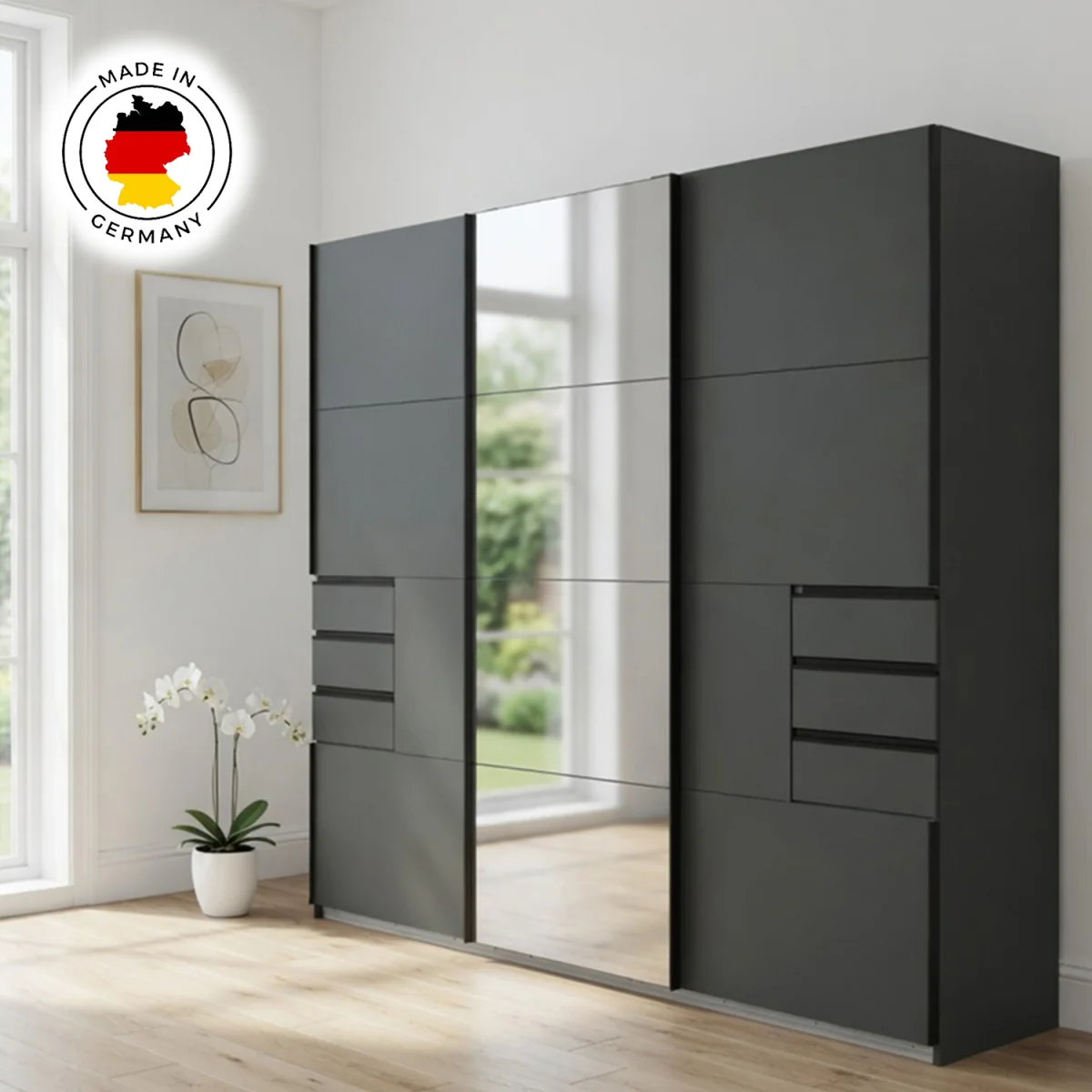 Saigon 3 Doors Graphite Sliding Doors Wardrobe with Mirrored - Grey – image 5