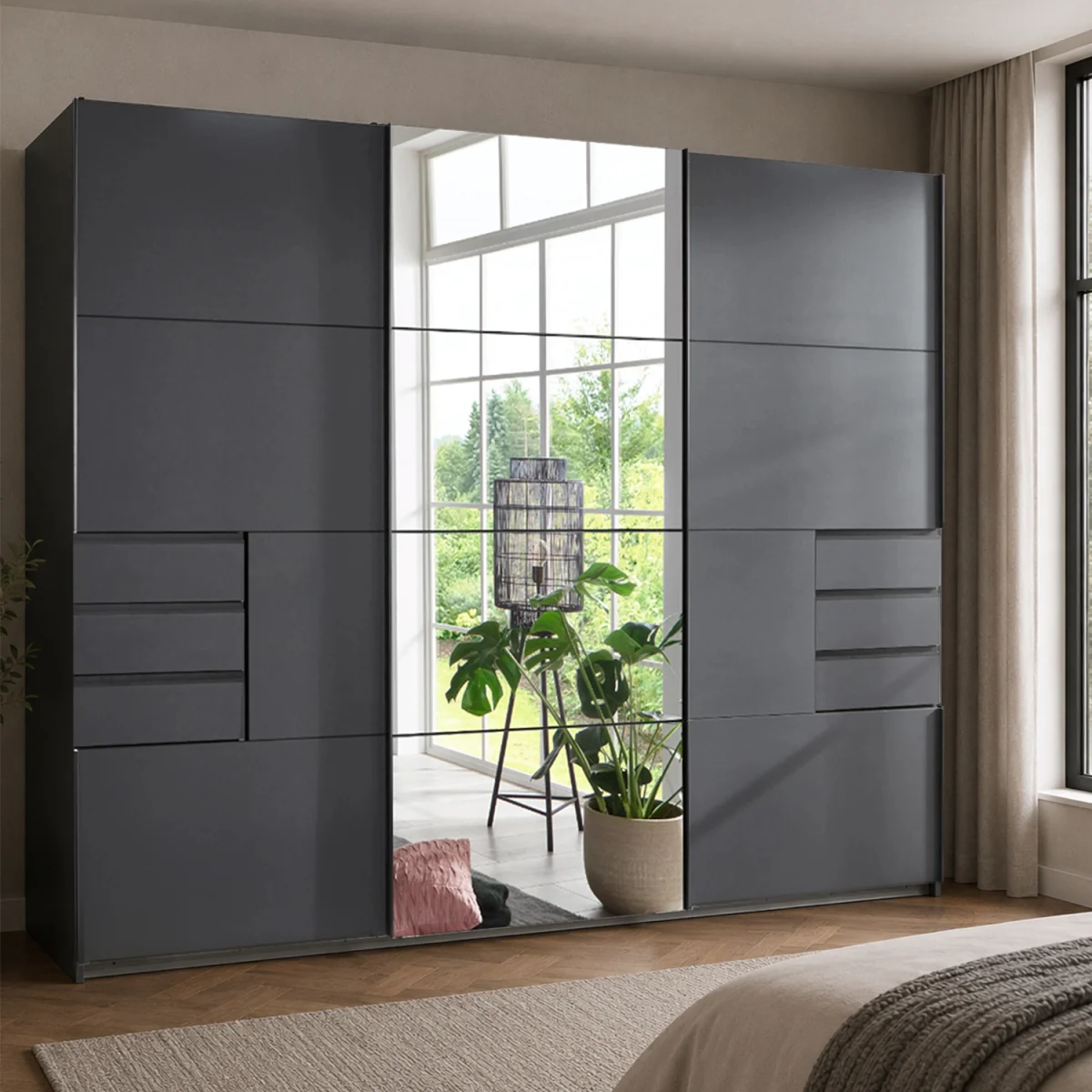 Saigon 3 Doors Graphite Sliding Doors Wardrobe with Mirrored - Grey – image 1