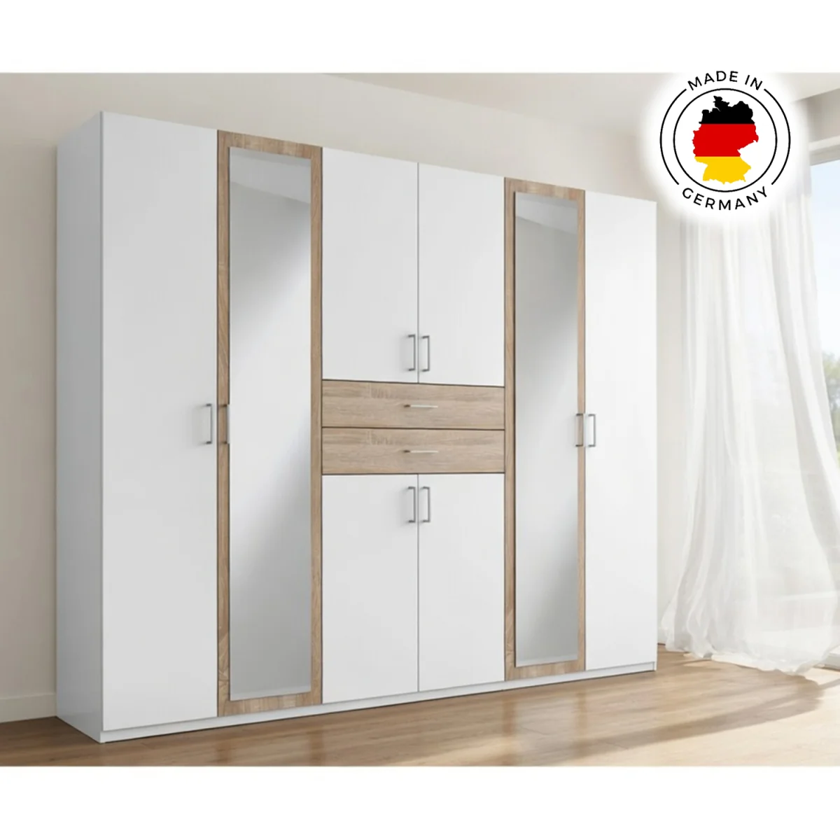 Diver Matt White and Oak 6 Door 270cm Wardrobe with Mirror - White – image 2
