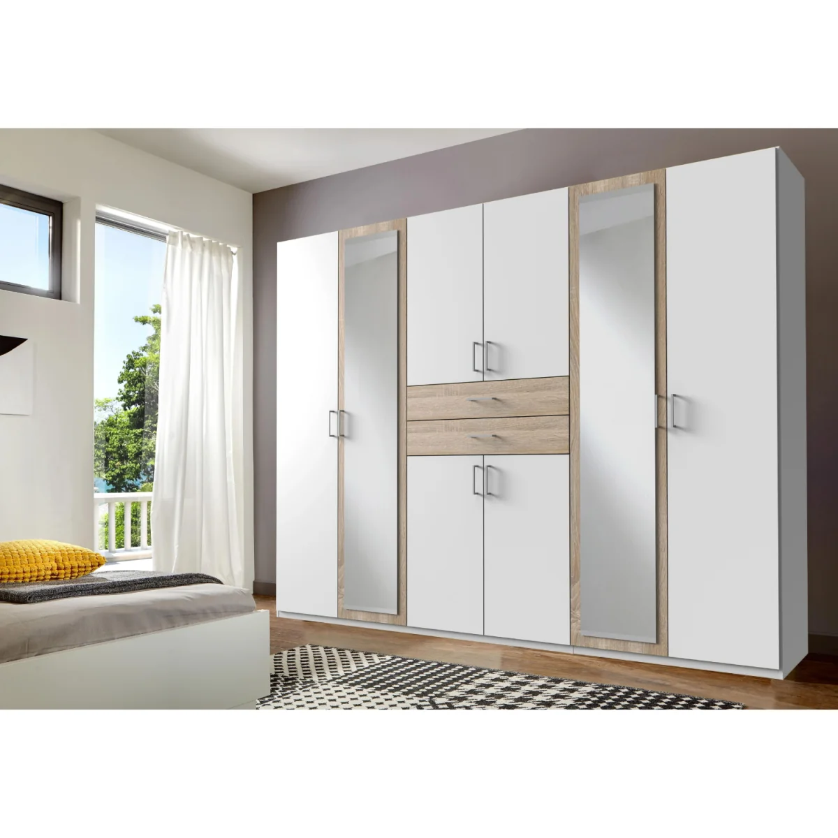 Diver Matt White and Oak 6 Door 270cm Wardrobe with Mirror - White – image 3