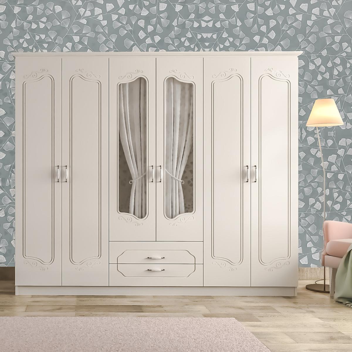 ELODIE 6 Door 2 Drawer Mirrored Wardrobe, White - White – image 2