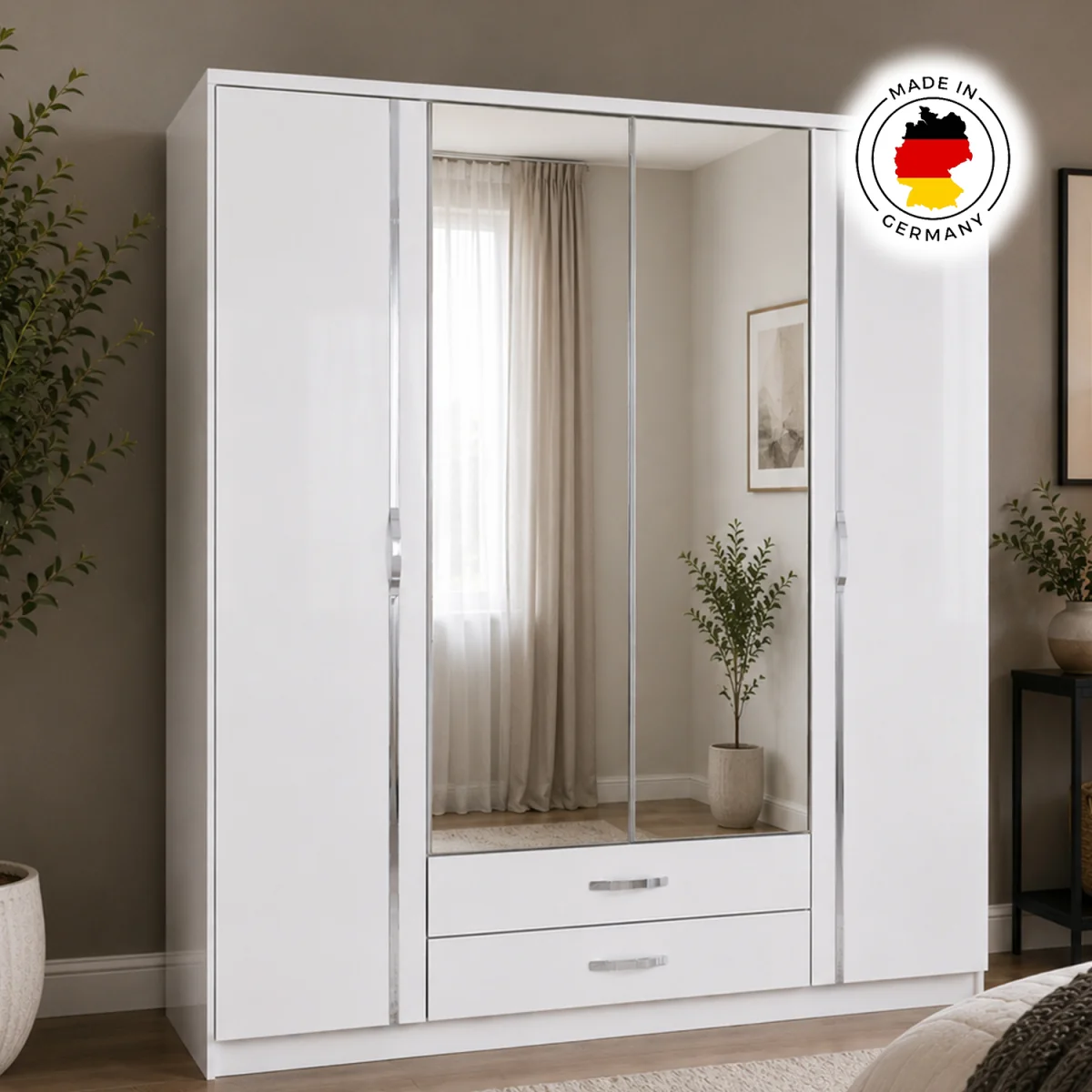 Trio 4 Door Mirrored Wardrobe in Gloss White with Drawers - White – image 2