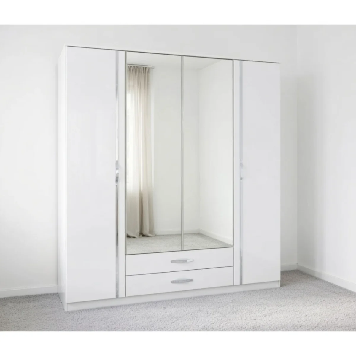 Trio 4 Door Mirrored Wardrobe in Gloss White with Drawers - White – image 4