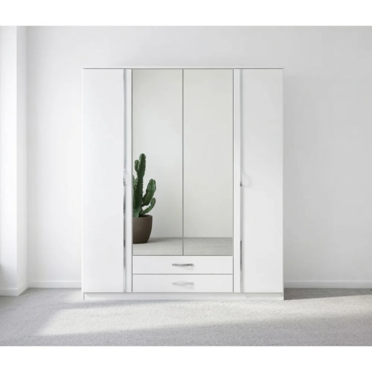 Trio 4 Door Mirrored Wardrobe in Gloss White with Drawers - White – image 5