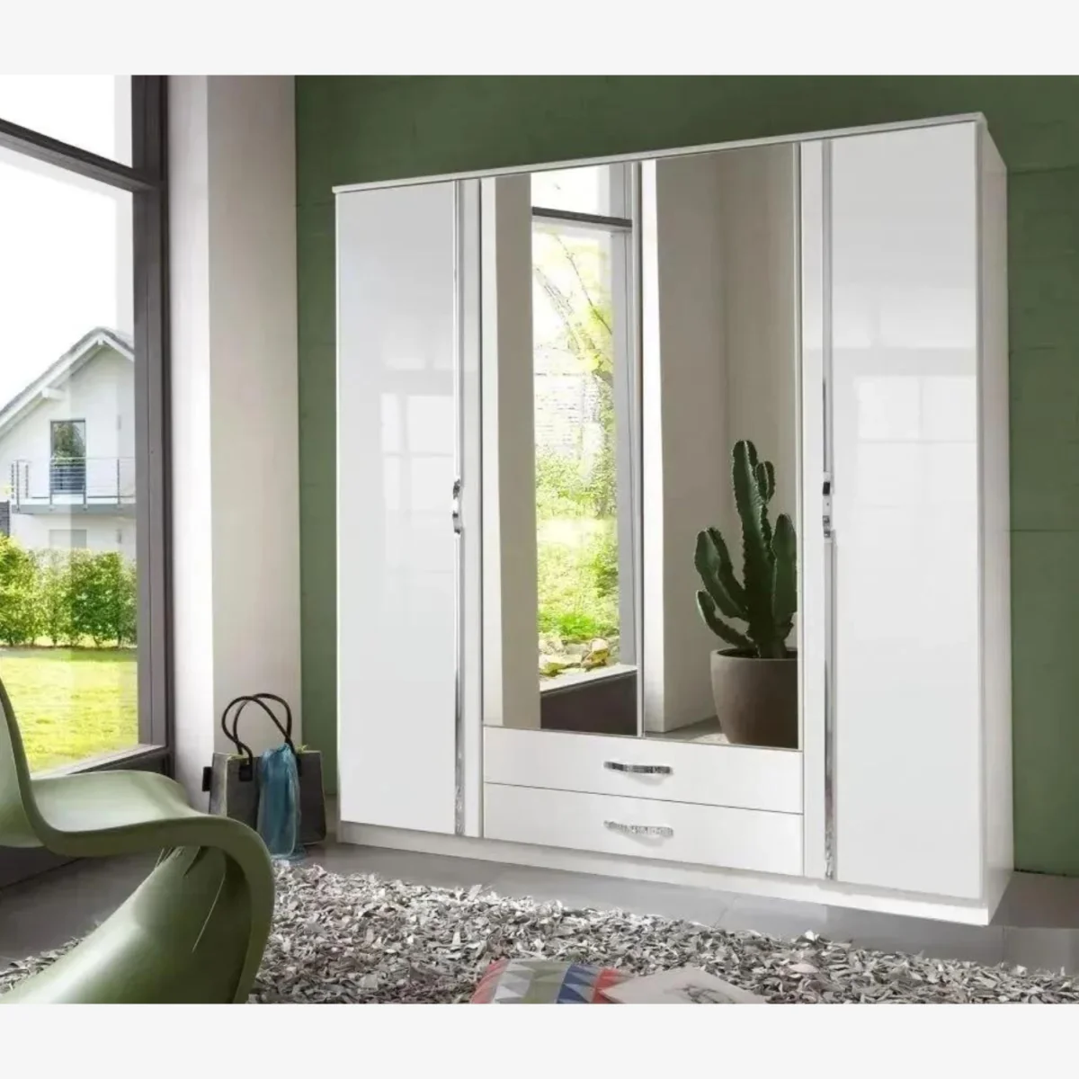 Trio 4 Door Mirrored Wardrobe in Gloss White with Drawers - White – image 1