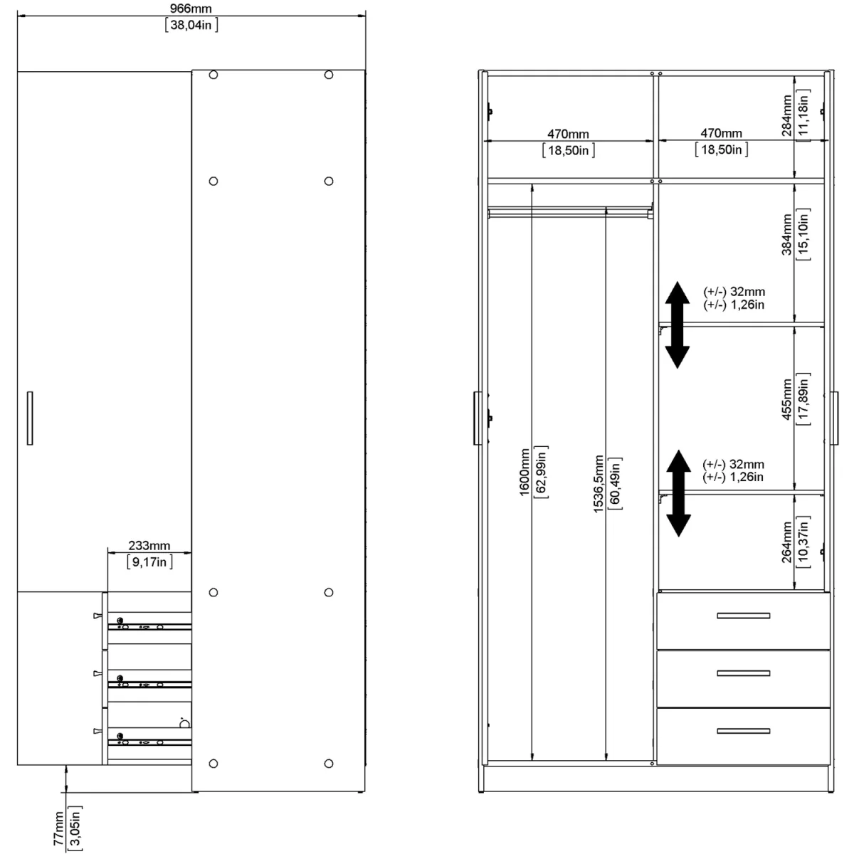 Sprint Wardrobe with 2 Doors + 3 Drawers in Cashmere - Cashmere – image 10