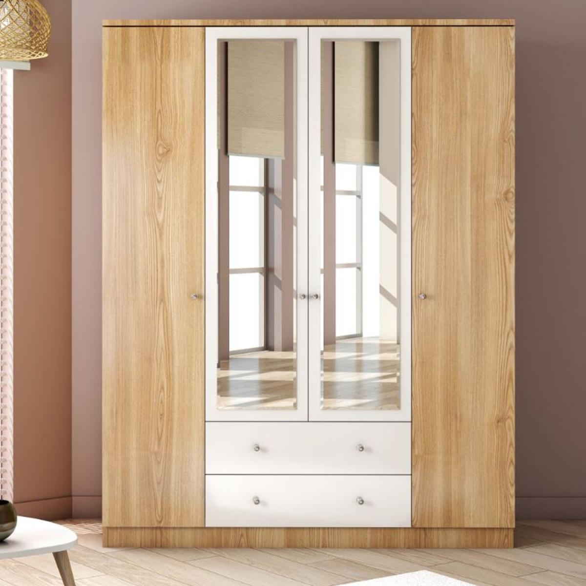 SAPPHIRE 4 Door2 Drawer Mirored Wardrobe v2, Oak-White - White – image 3