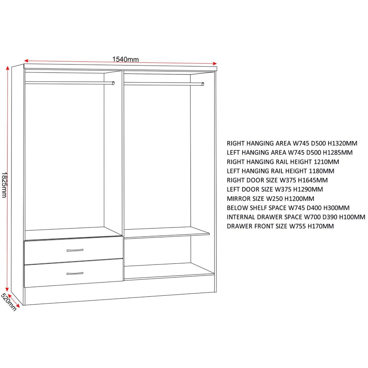 Nevada 4 Door 2 Drawer Mirrored Wardrobe Bedroom Set - Sonoma Oak – image 7