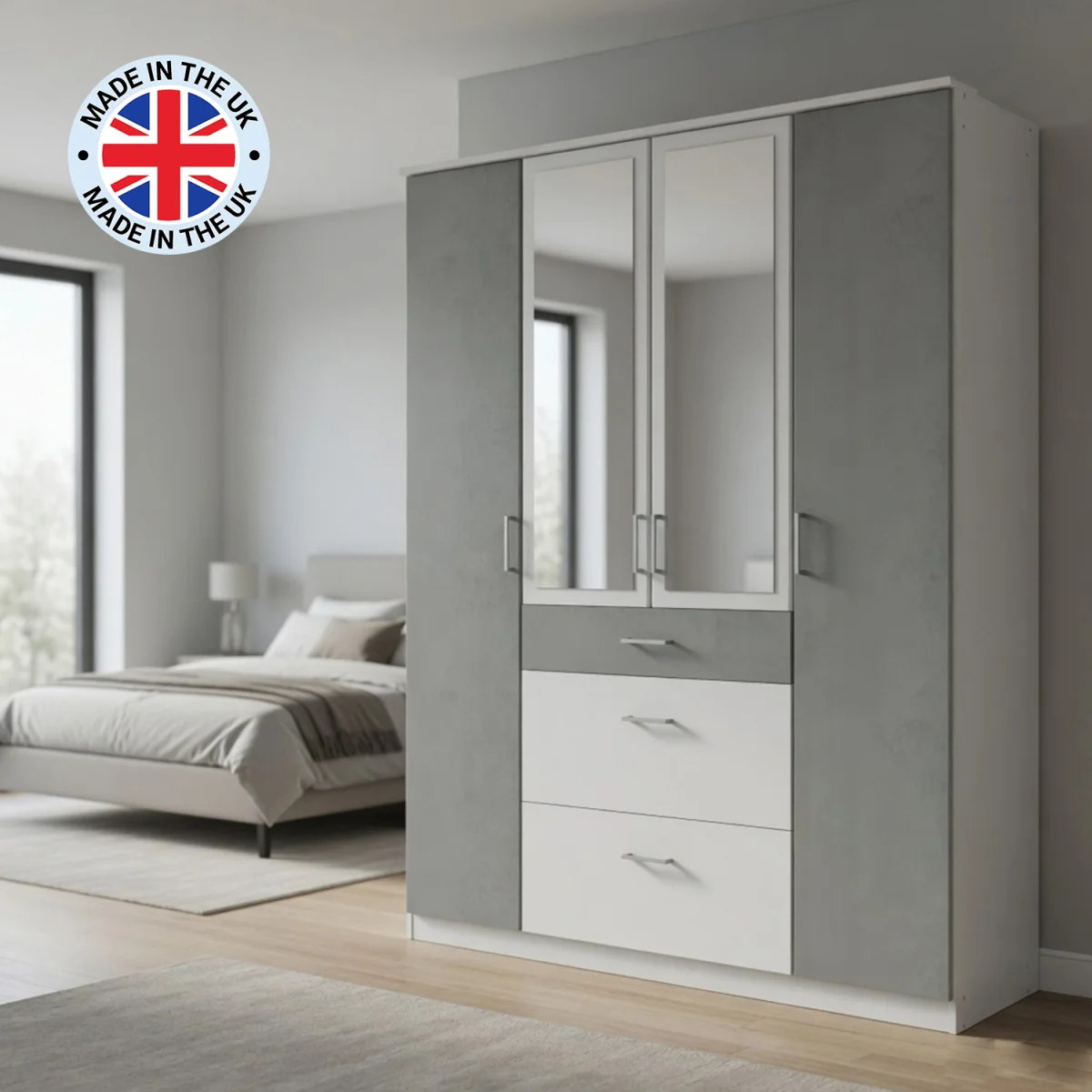 Click White and Grey 4 Door 180cm Wardrobe with Mirror - White – image 4