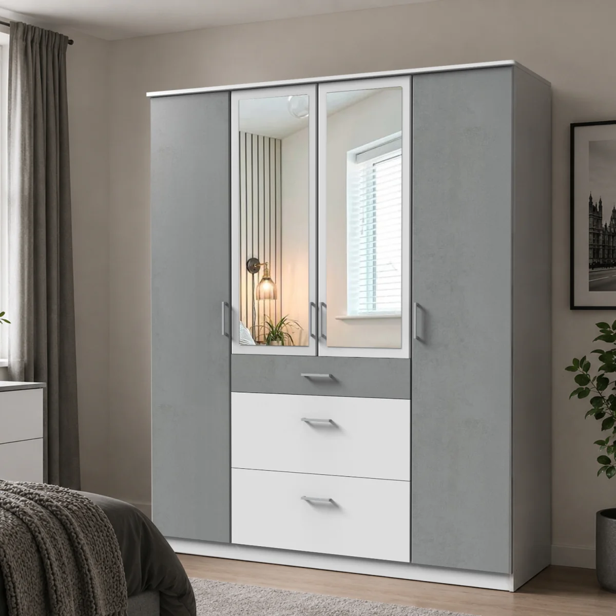 Click White and Grey 4 Door 180cm Wardrobe with Mirror - White – image 1