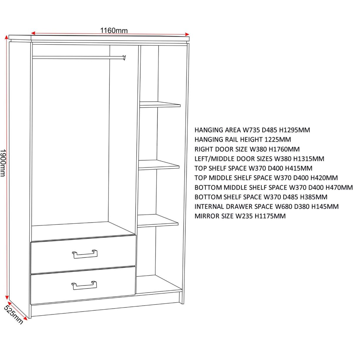 Charles 3 Door 2 Drawer Mirrored Wardrobe White - White – image 7
