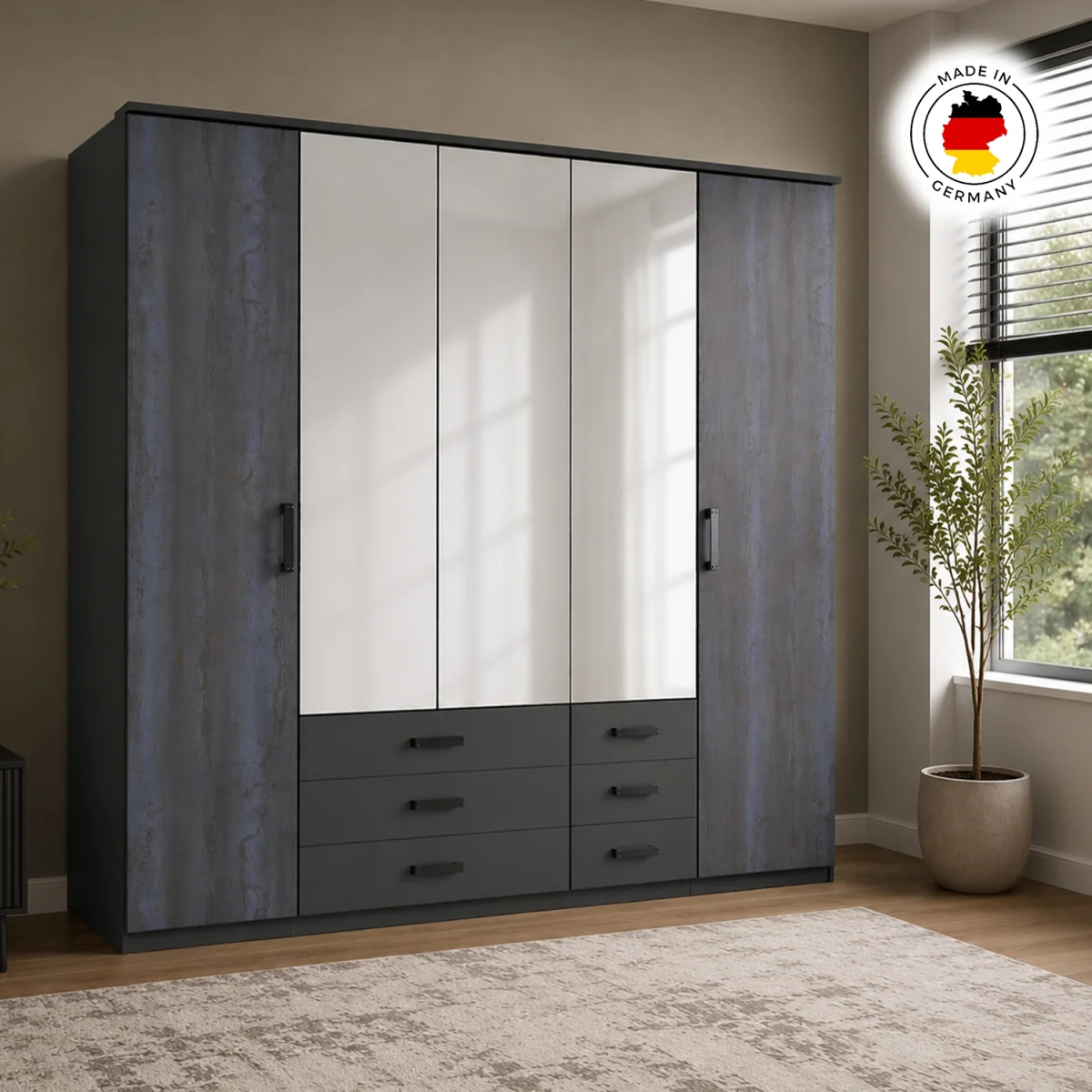 Goeteborg Graphite 5 Door 225cm Wardrobe with Mirror and 6 Drawers - Grey – image 3