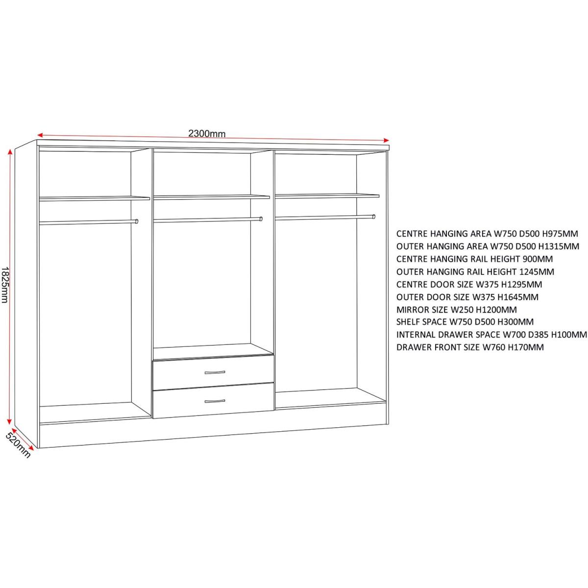 Nevada 6 Door 2 Drawer Mirrored Wardrobe - Sonoma Oak – image 3