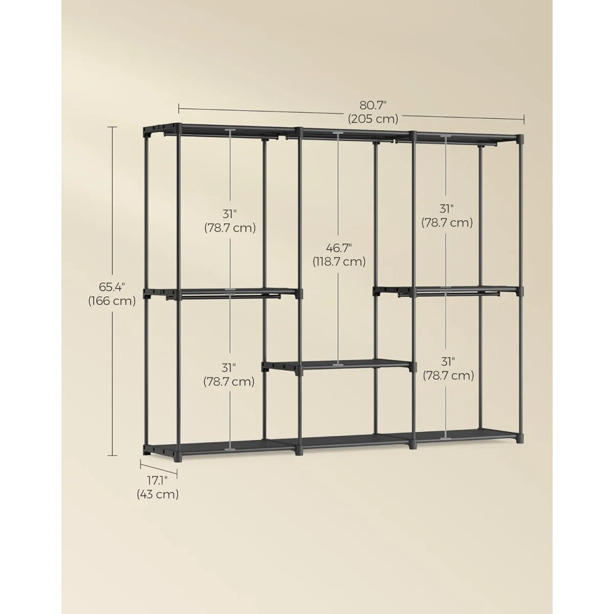 Portable Large Wardrobe Closet with Hanging Rods and Multi-Shelf Storage Compartment Design - Ink Black – image 3