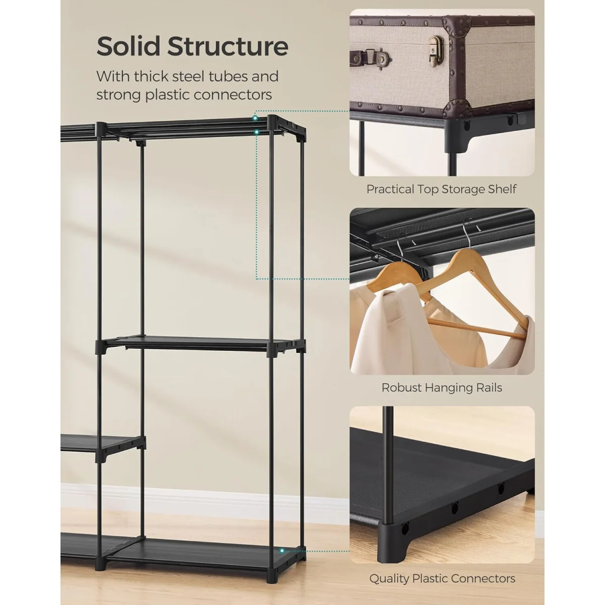 Portable Large Wardrobe Closet with Hanging Rods and Multi-Shelf Storage Compartment Design - Ink Black – image 6