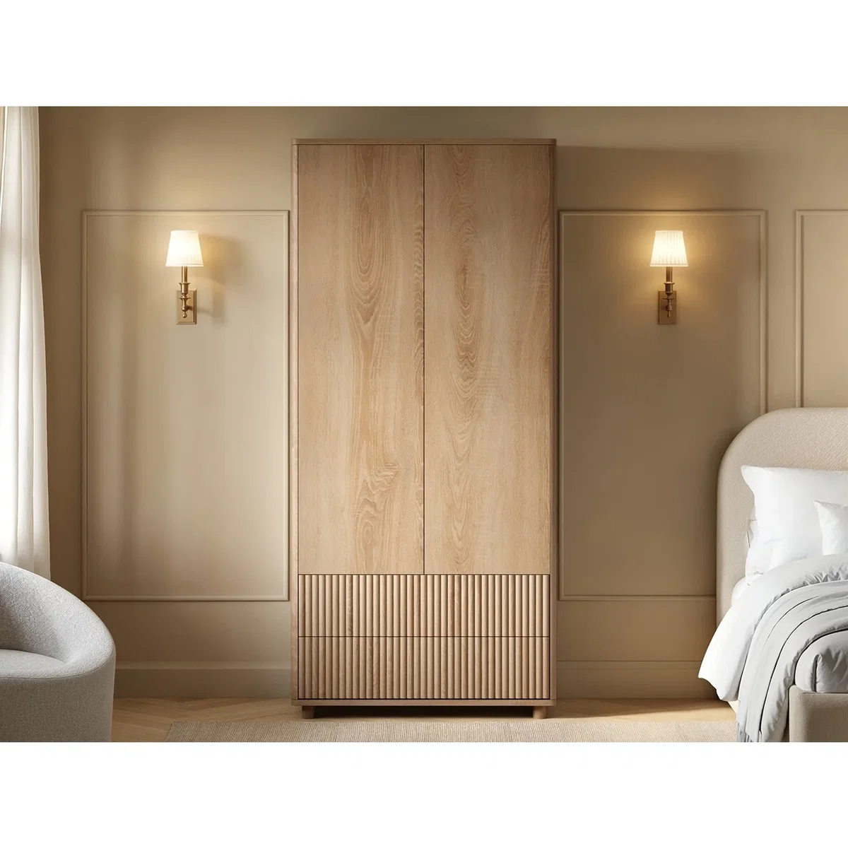 Velmor Ribbed Double Wardrobe with Drawers - Oak – image 2