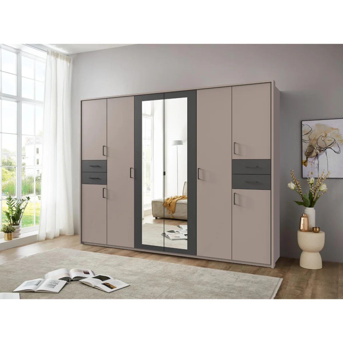 Vegas 6 Door Mirrored 270cm Wardrobe in Sahara Grey with Drawers - Grey – image 2