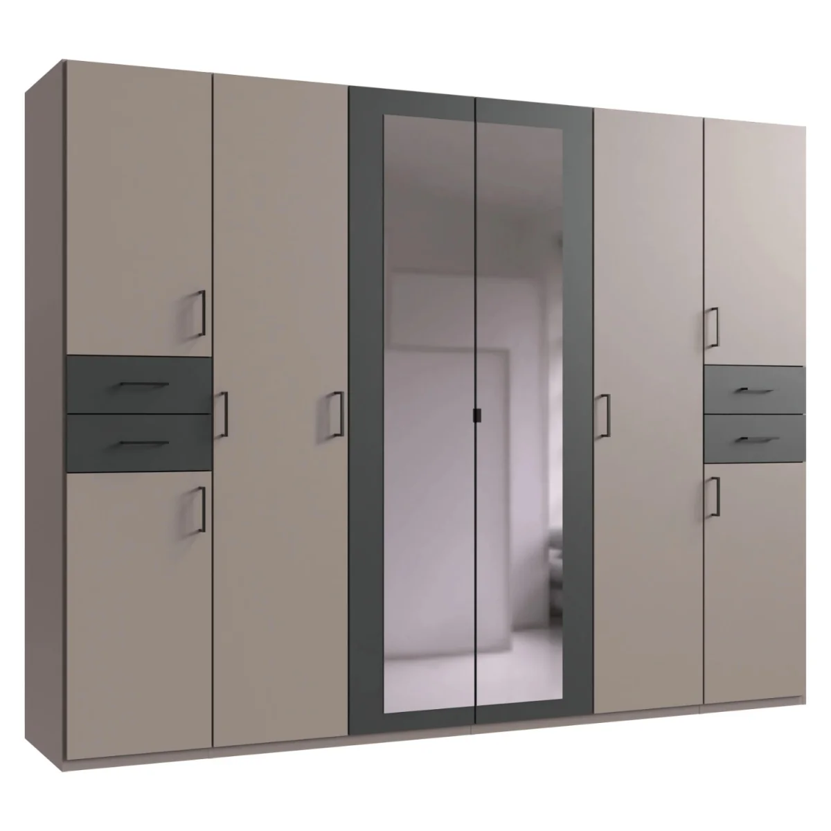 Vegas 6 Door Mirrored 270cm Wardrobe in Sahara Grey with Drawers - Grey – image 3