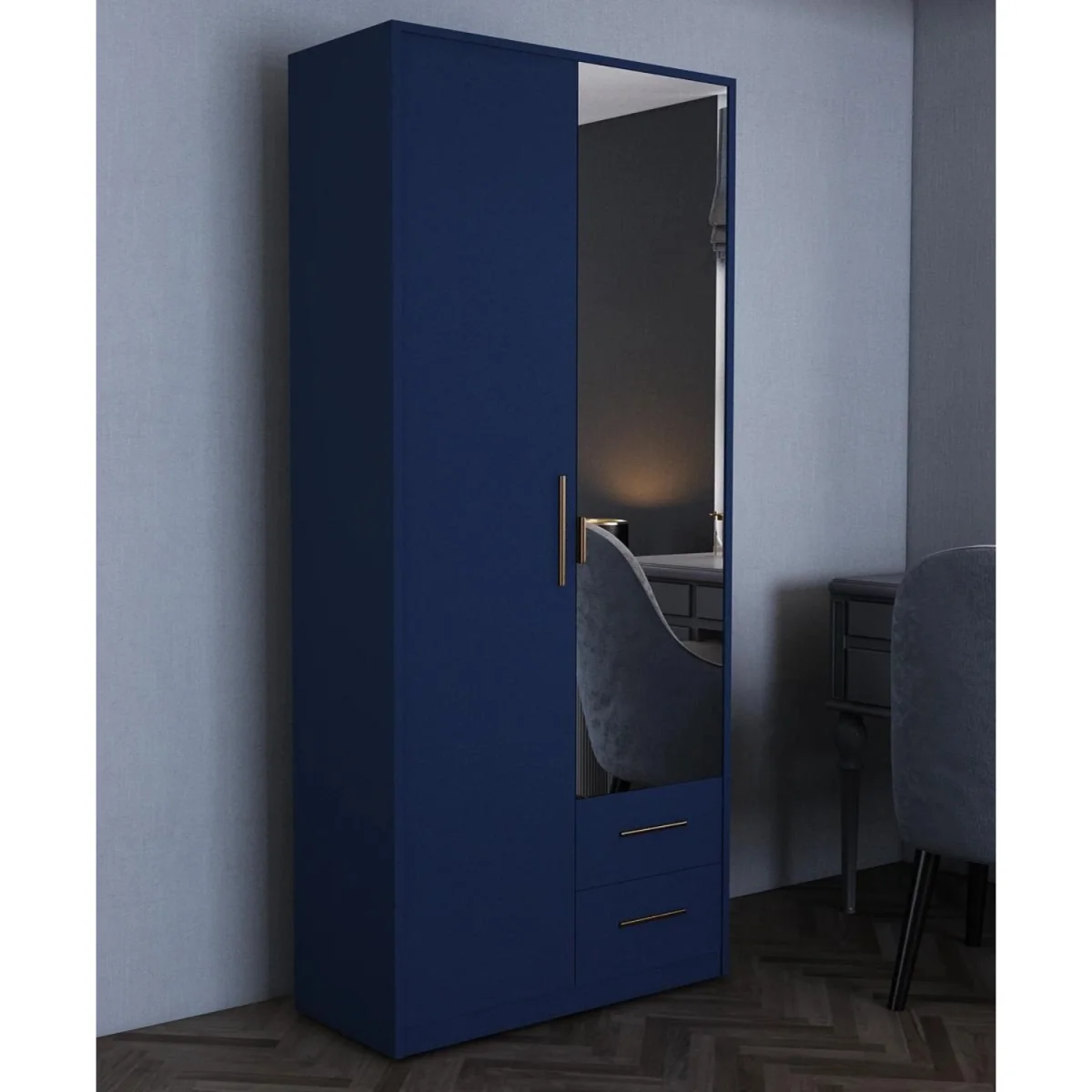 Swindon Dark Blue 2 Door 90cm Wardrobe with Mirror and 2 Drawers - Blue – image 2