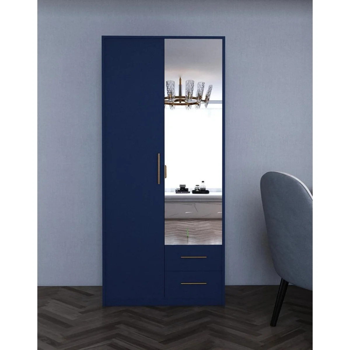 Swindon Dark Blue 2 Door 90cm Wardrobe with Mirror and 2 Drawers - Blue – image 3