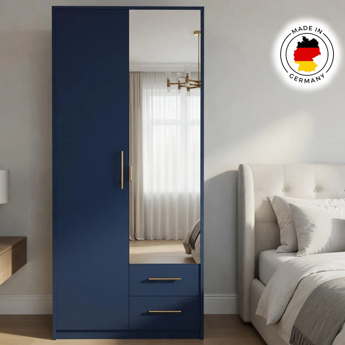 Swindon Dark Blue 2 Door 90cm Wardrobe with Mirror and 2 Drawers - Blue – image 5