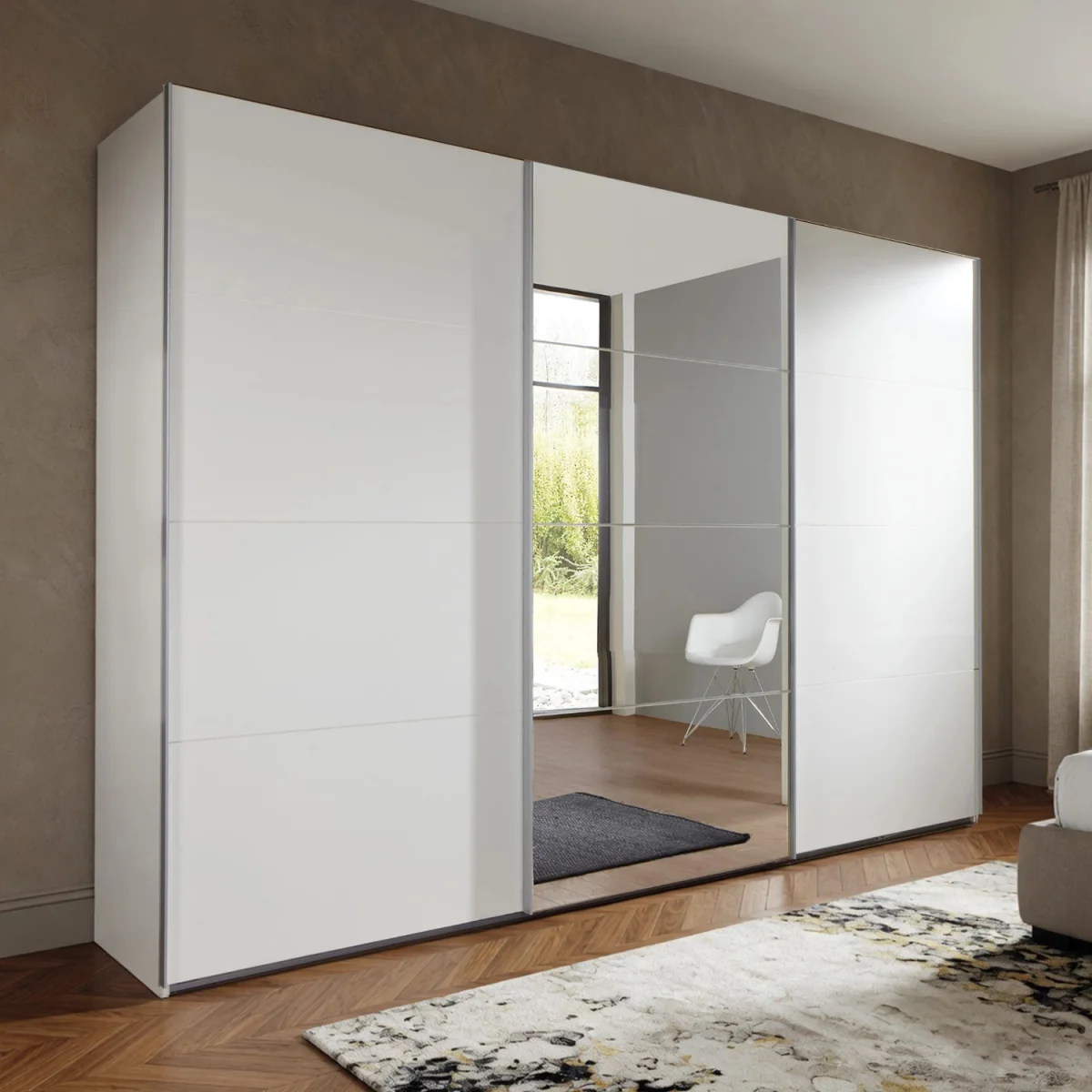 Erine 270cm Mirrored Sliding Wardrobe in Matt White - White – image 1