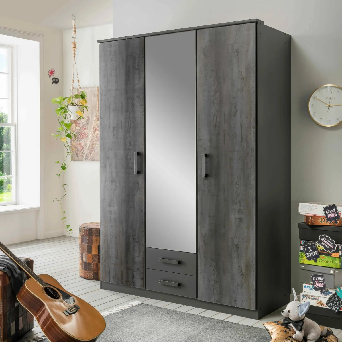 Duisberg Grey and Digi Steel 3 Door 135cm Wardrobe with Mirror - Grey – image 3