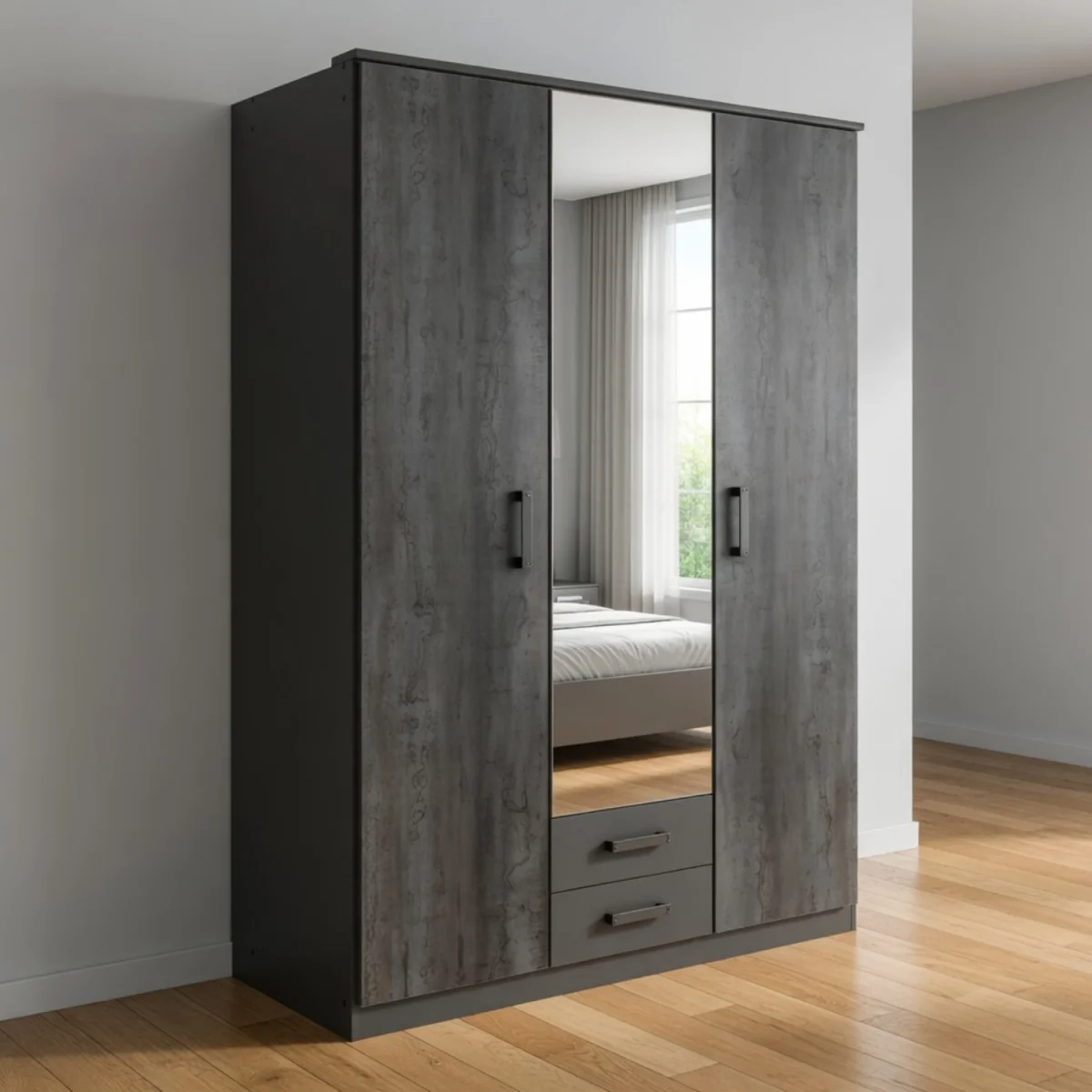 Duisberg Grey and Digi Steel 3 Door 135cm Wardrobe with Mirror - Grey – image 5