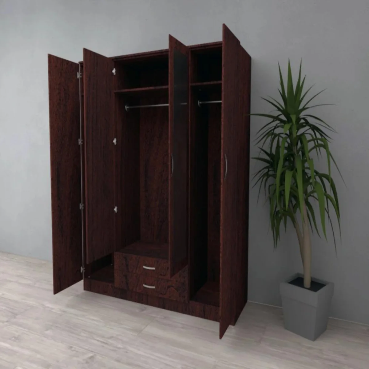 Roma Dark Cherry 4 Door 189cm Wardrobe with Mirror and 2 Drawers - Brown – image 2