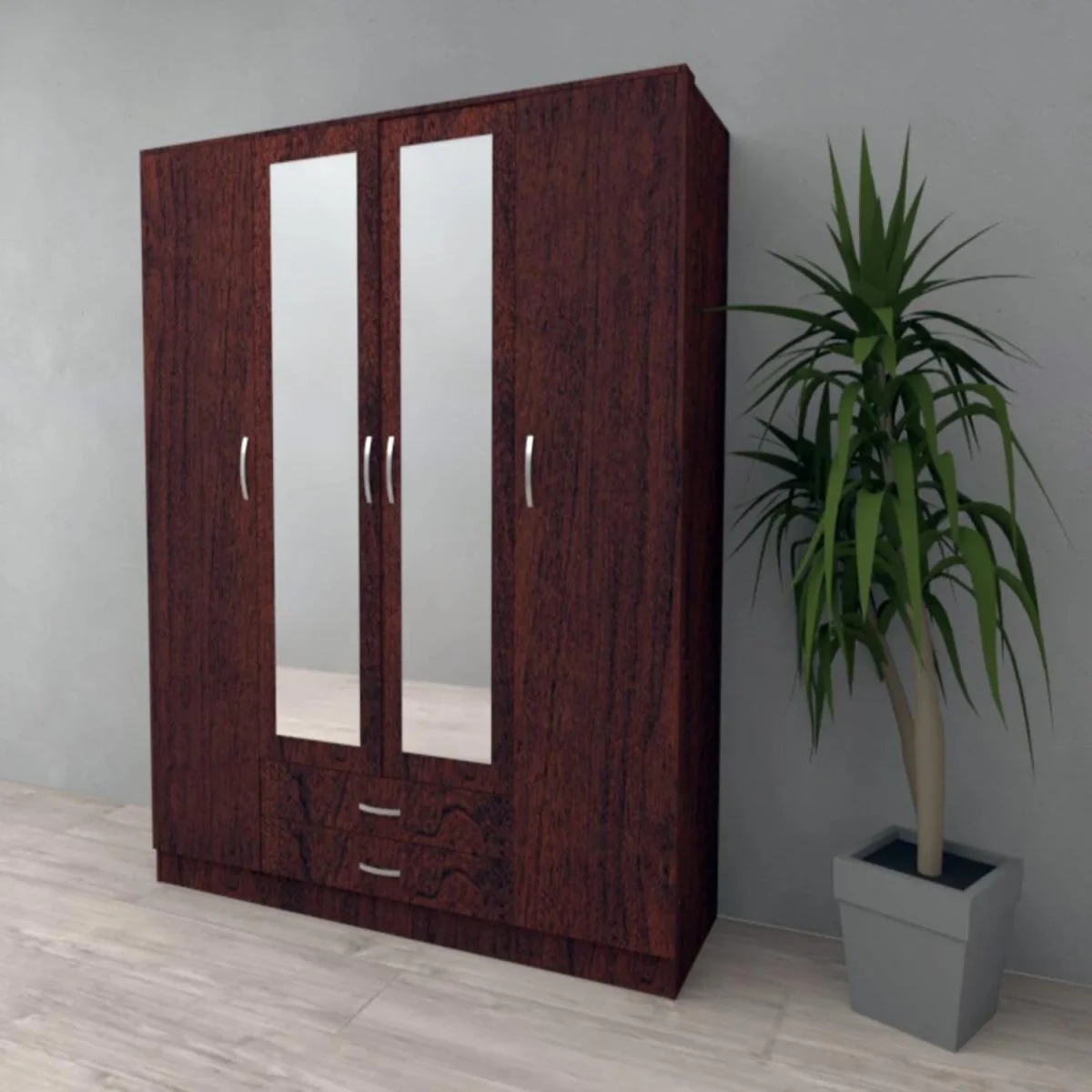 Roma Dark Cherry 4 Door 189cm Wardrobe with Mirror and 2 Drawers - Brown – image 3