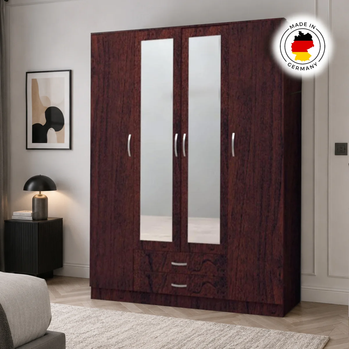 Roma Dark Cherry 4 Door 189cm Wardrobe with Mirror and 2 Drawers - Brown – image 5
