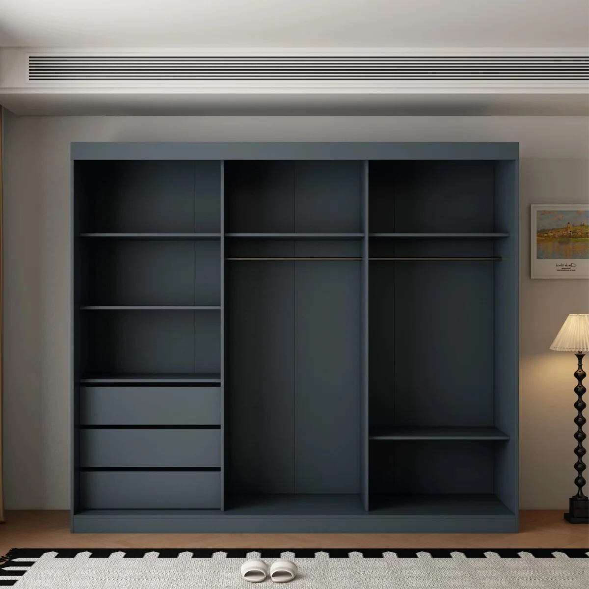 Berlin 3 Door Dark Grey Sliding Wardrobe with Mirror and Ribbed Panels - Grey – image 2