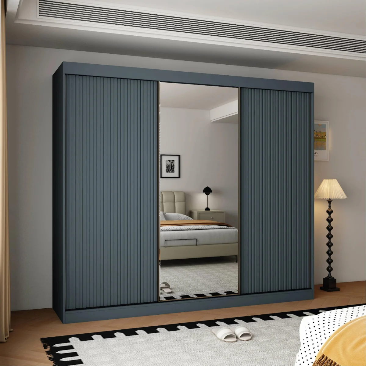 Berlin 3 Door Dark Grey Sliding Wardrobe with Mirror and Ribbed Panels - Grey – image 3