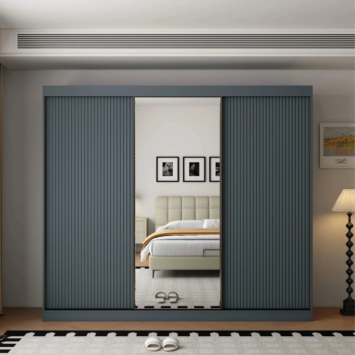 Berlin 3 Door Dark Grey Sliding Wardrobe with Mirror and Ribbed Panels - Grey – image 4