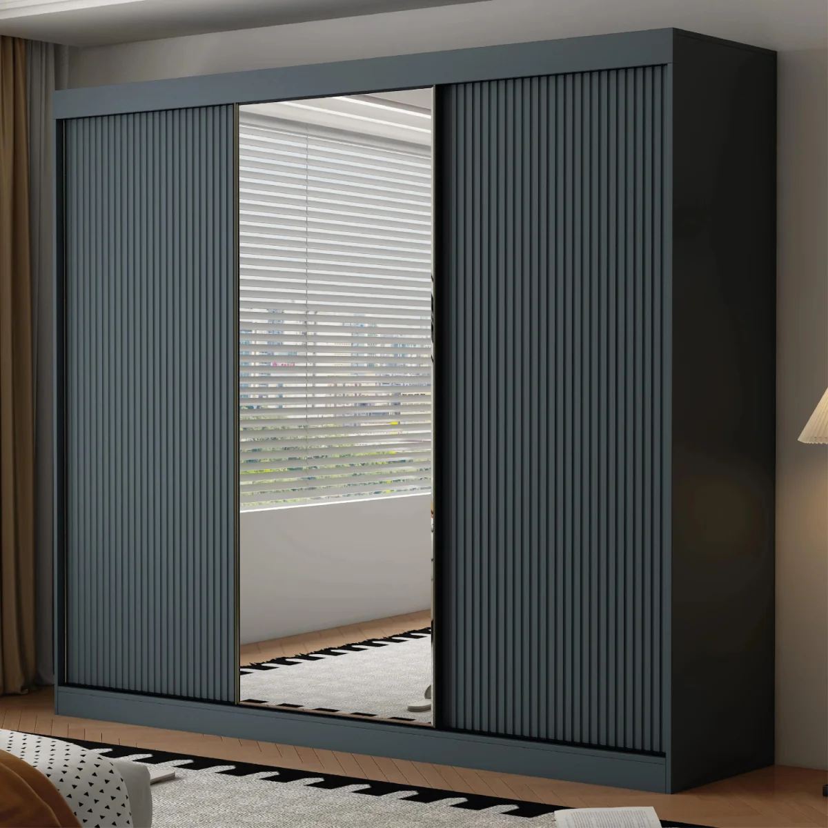 Berlin 3 Door Dark Grey Sliding Wardrobe with Mirror and Ribbed Panels - Grey – image 5