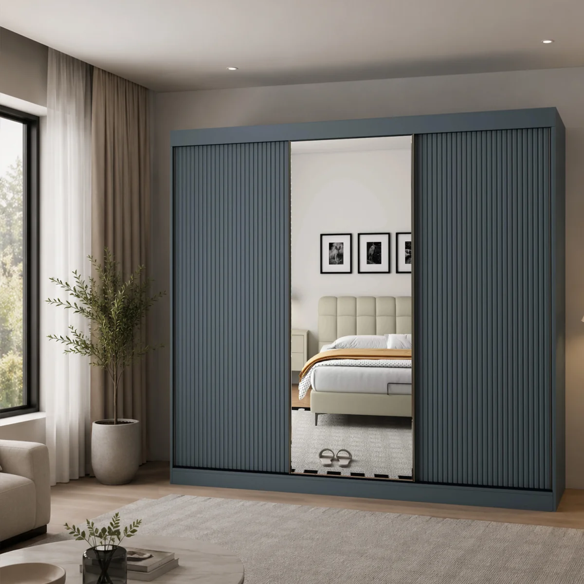 Berlin 3 Door Dark Grey Sliding Wardrobe with Mirror and Ribbed Panels - Grey – image 1