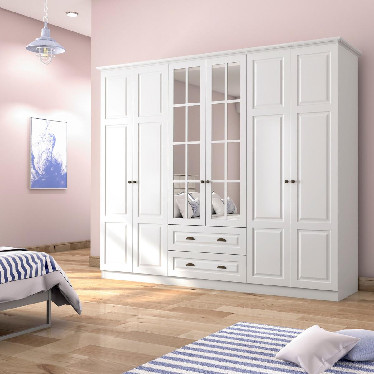 HEDLEY 6 Door 2 Drawer Mirorred Wardrobe, White - White – image 2